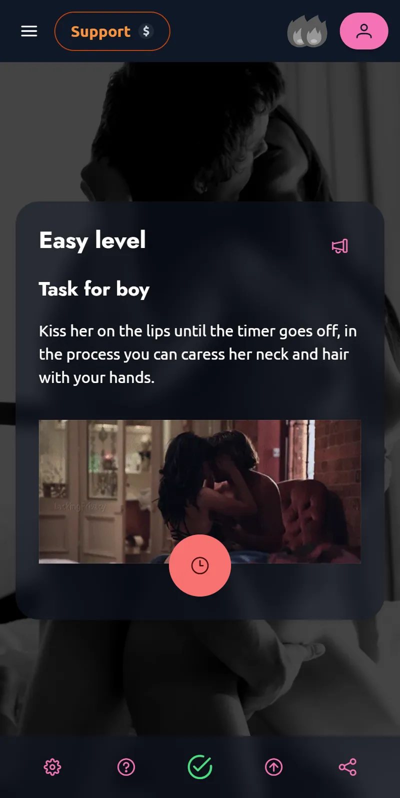 Part of an easy-level game card with a kissing task, an illustration and a timer