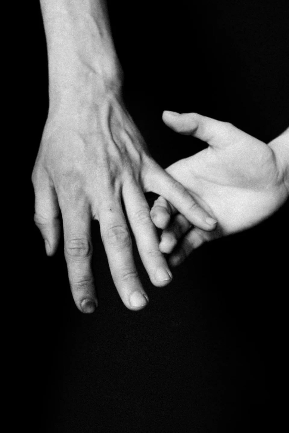 A black-and-white close-up of two hands gently touching